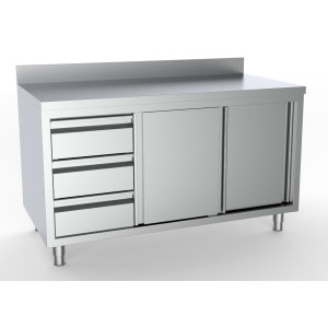 Mueble Inox Bajo con Respaldo - 2 Puertas y 3 Cajones a la Izquierda - 1800x700 mm - CombiSteel