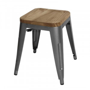 Taburetes Bistro Bajos de Acero Gris Metal con Asiento de Madera - Lote de 4 - Bolero